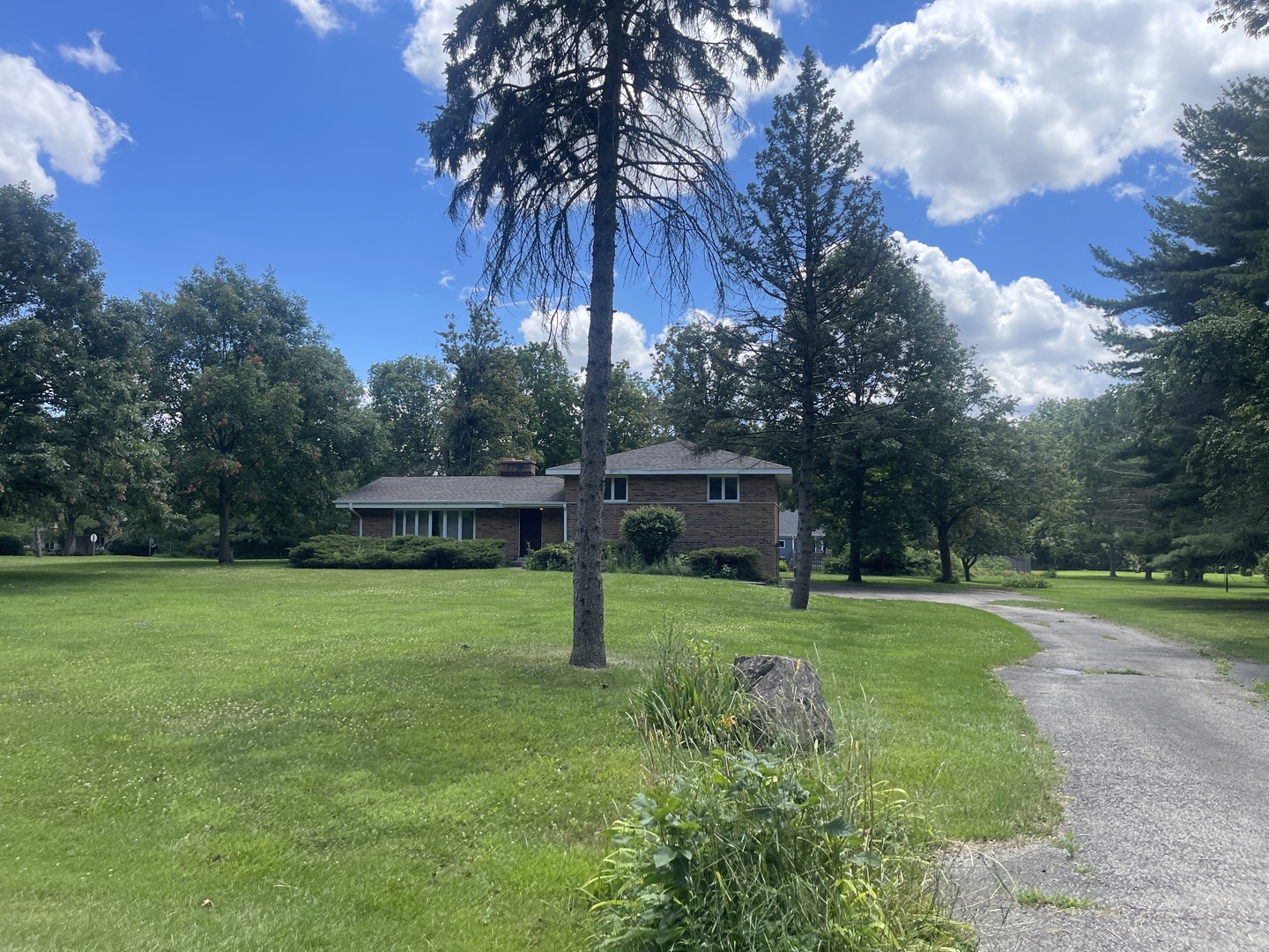 a view of a big yard with a house and large trees