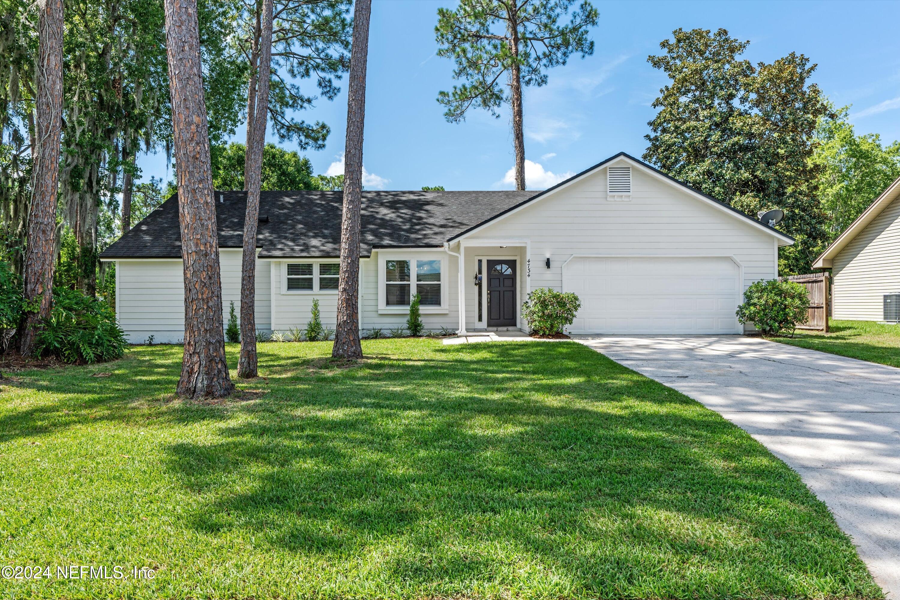 a view of a yard in front of a house with plants and large tree