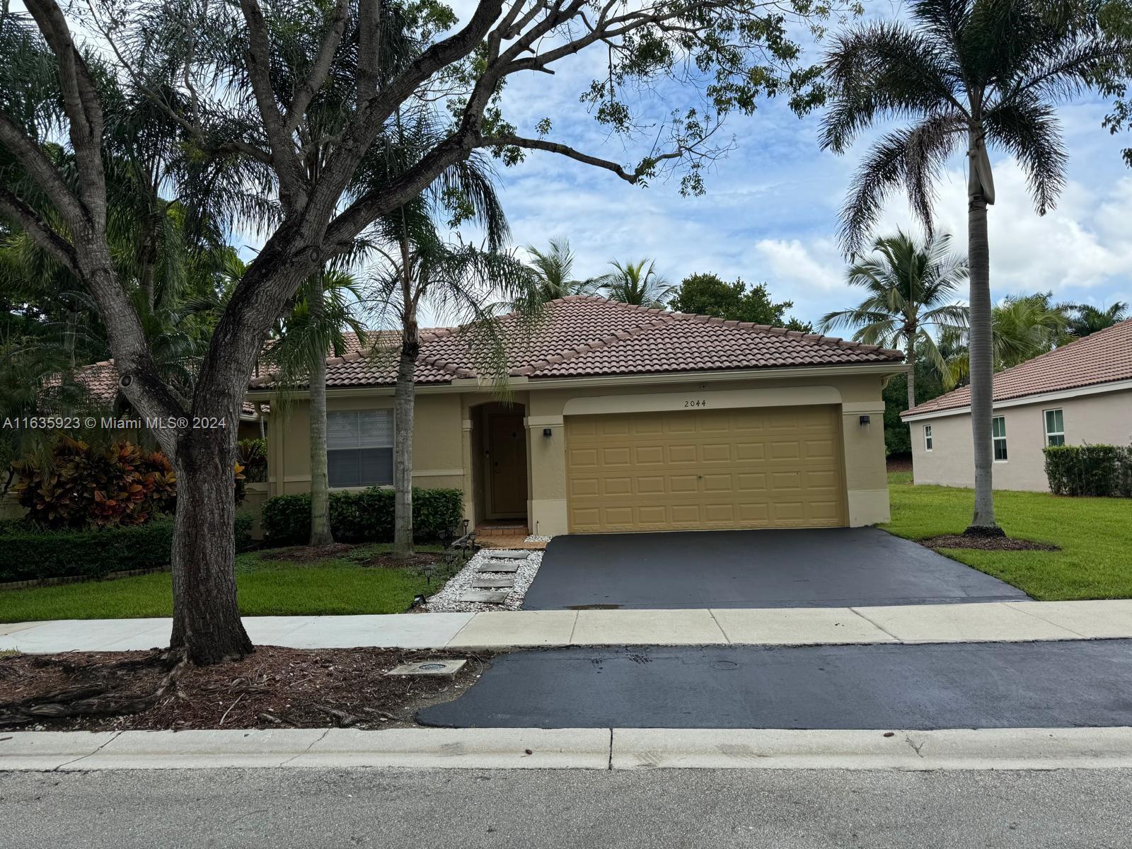 a view of a house with a yard plants and palm trees