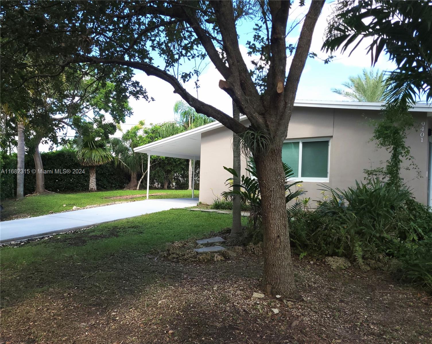 a view of a house with backyard and a tree