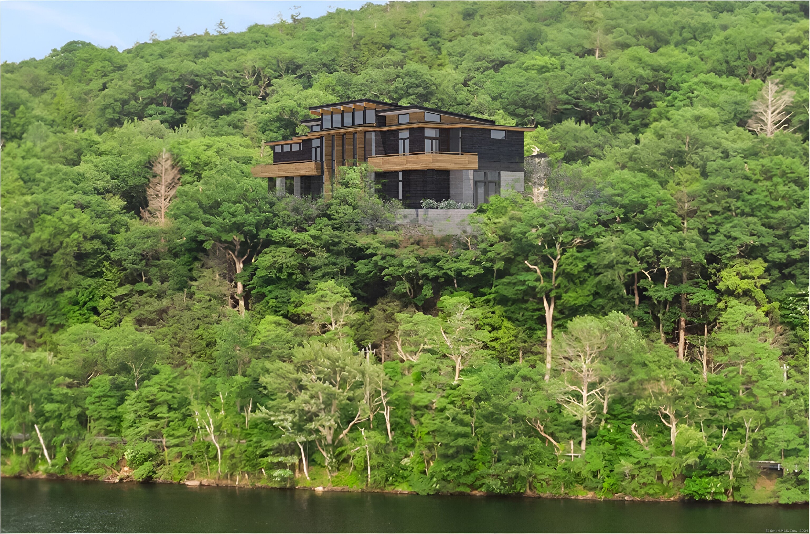 Architectural rendering of a Frank Lloyd Wright-inspired Usonian home overlooking Lake Waramaug in New Preston.