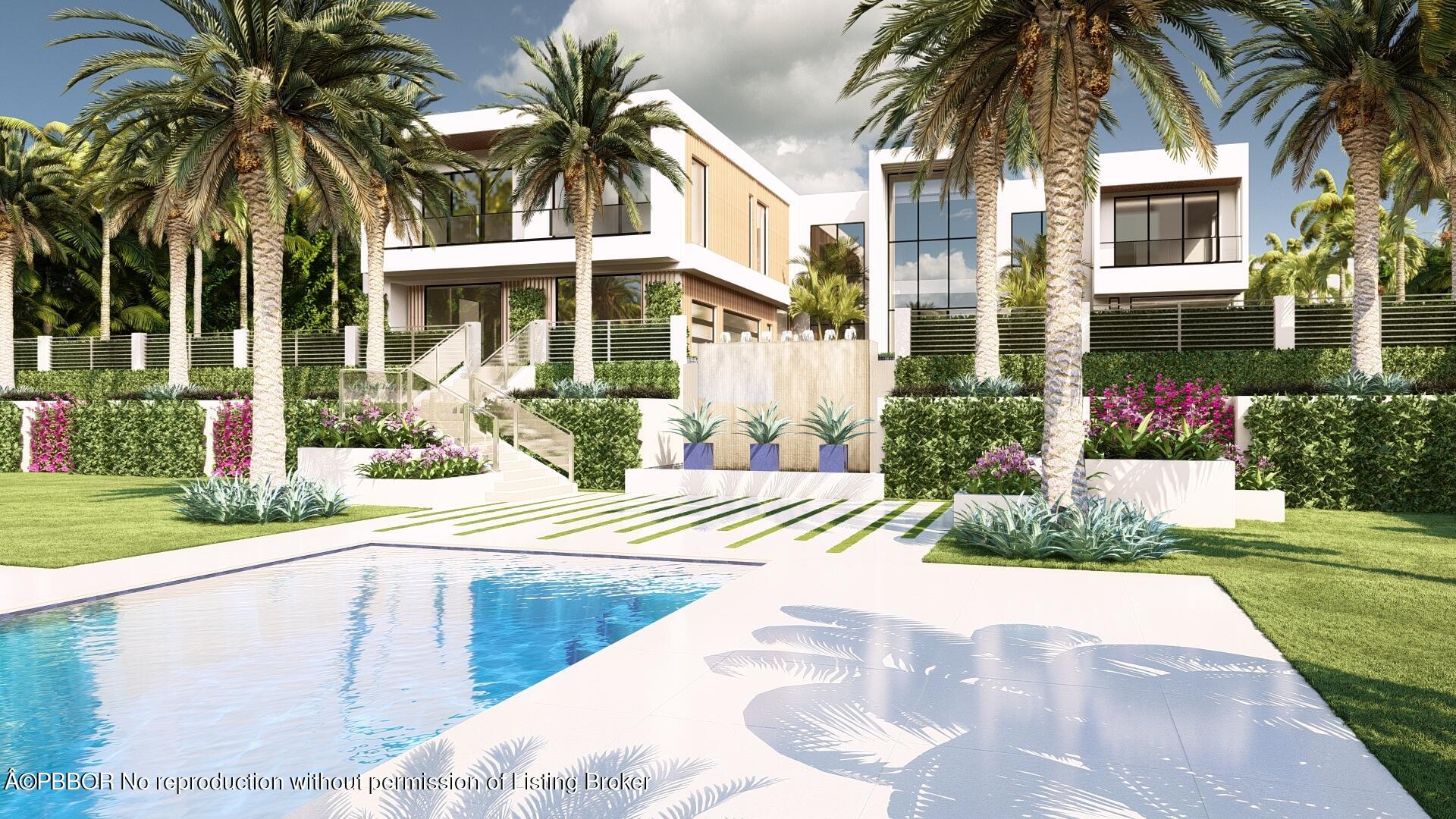 a view of a white house with a yard and palm trees