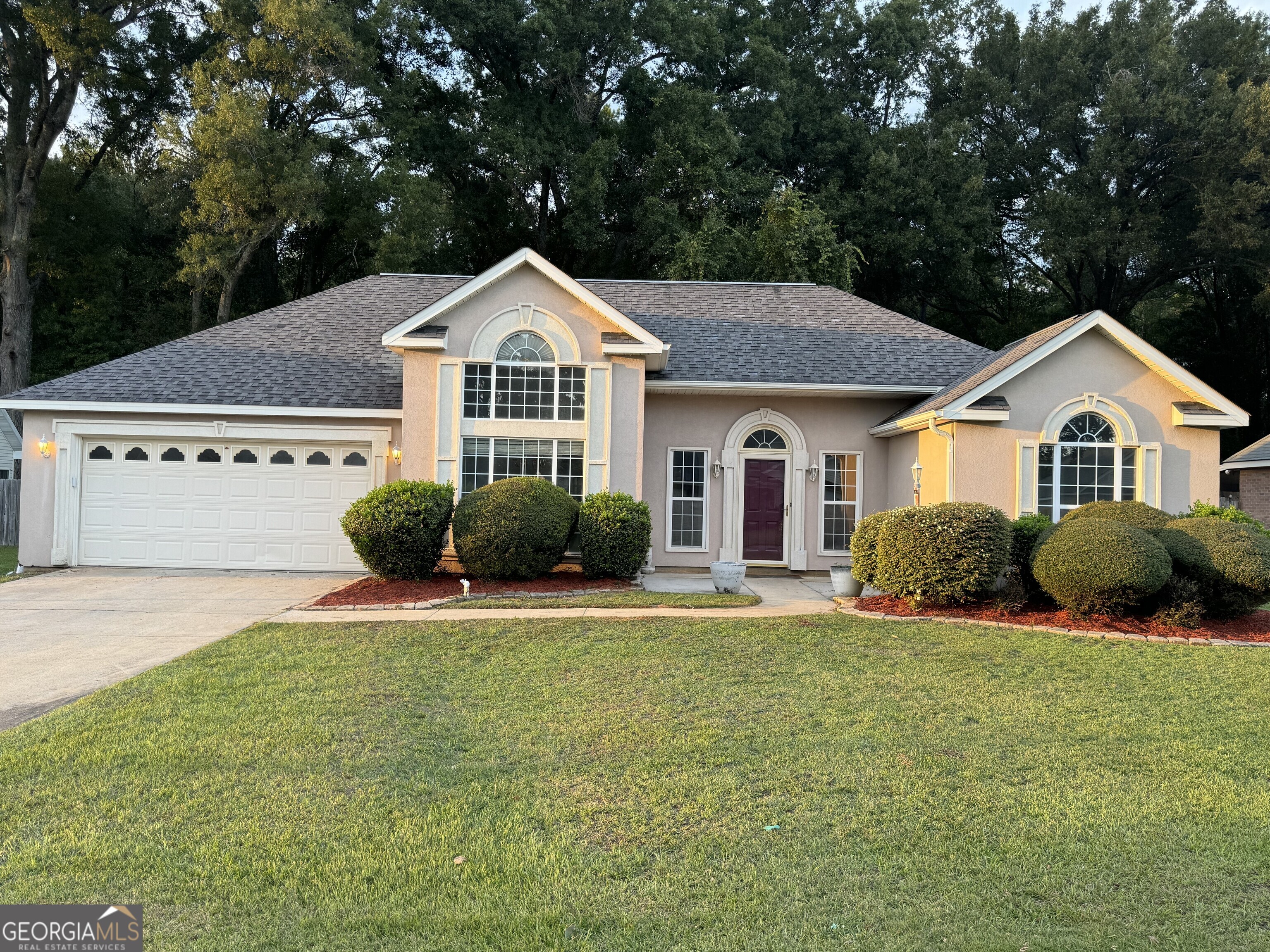 a front view of a house with a yard and garage