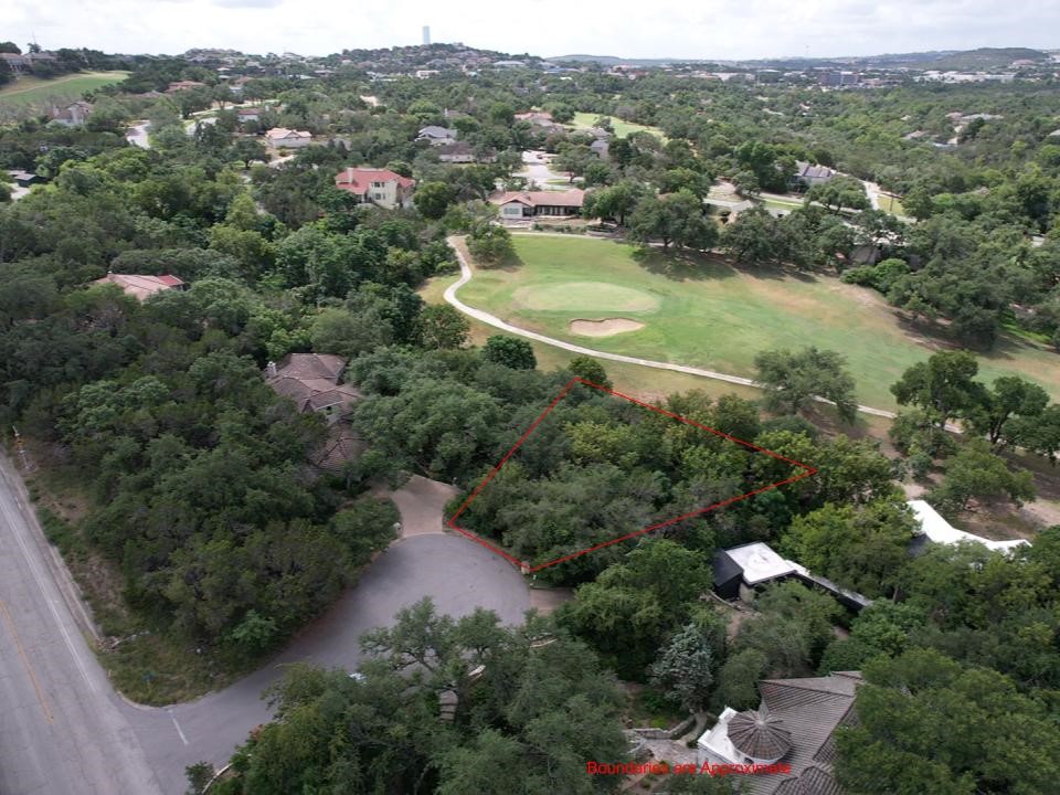 an aerial view of green landscape with trees houses and mountain view