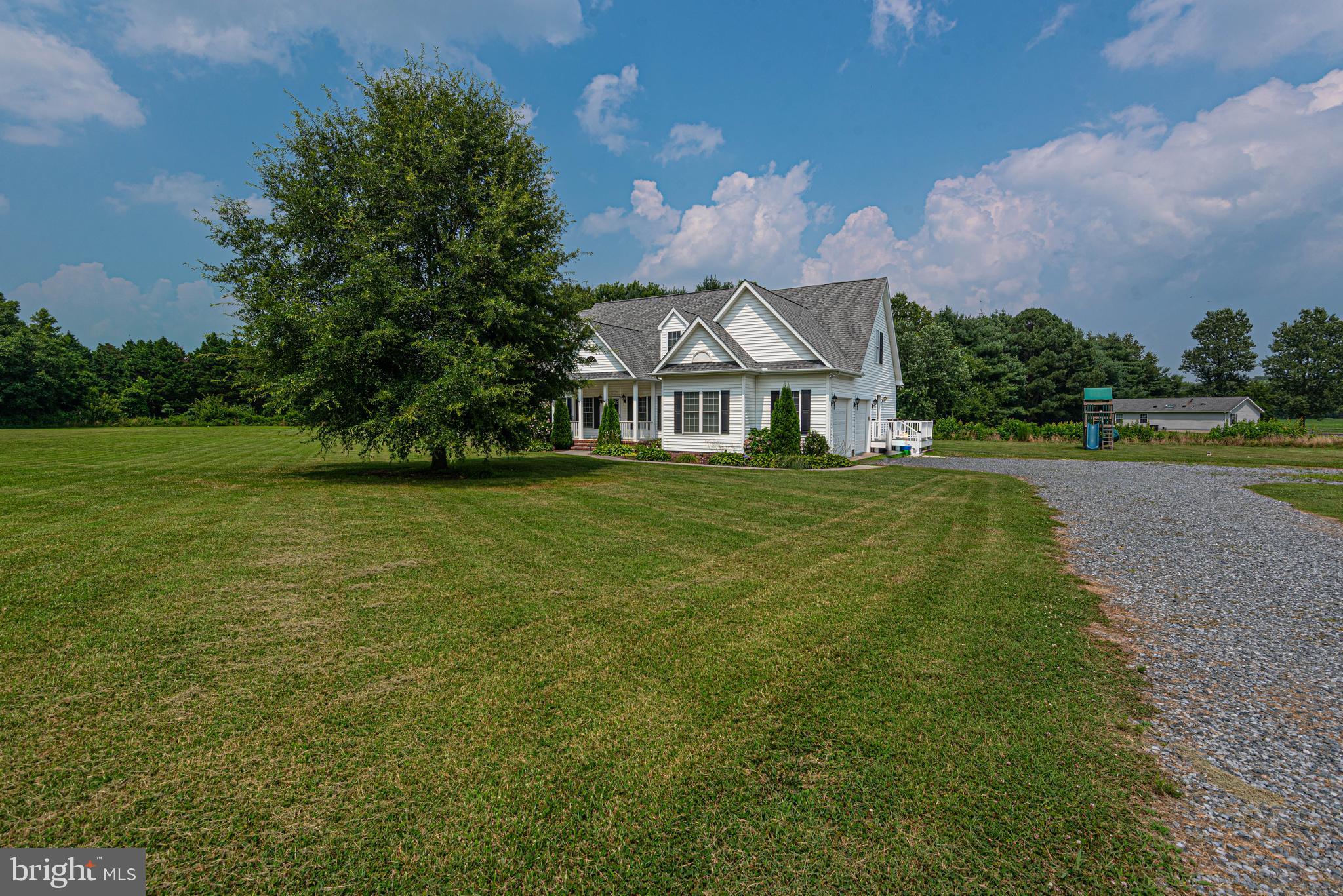 a view of a house with a big yard and a large tree