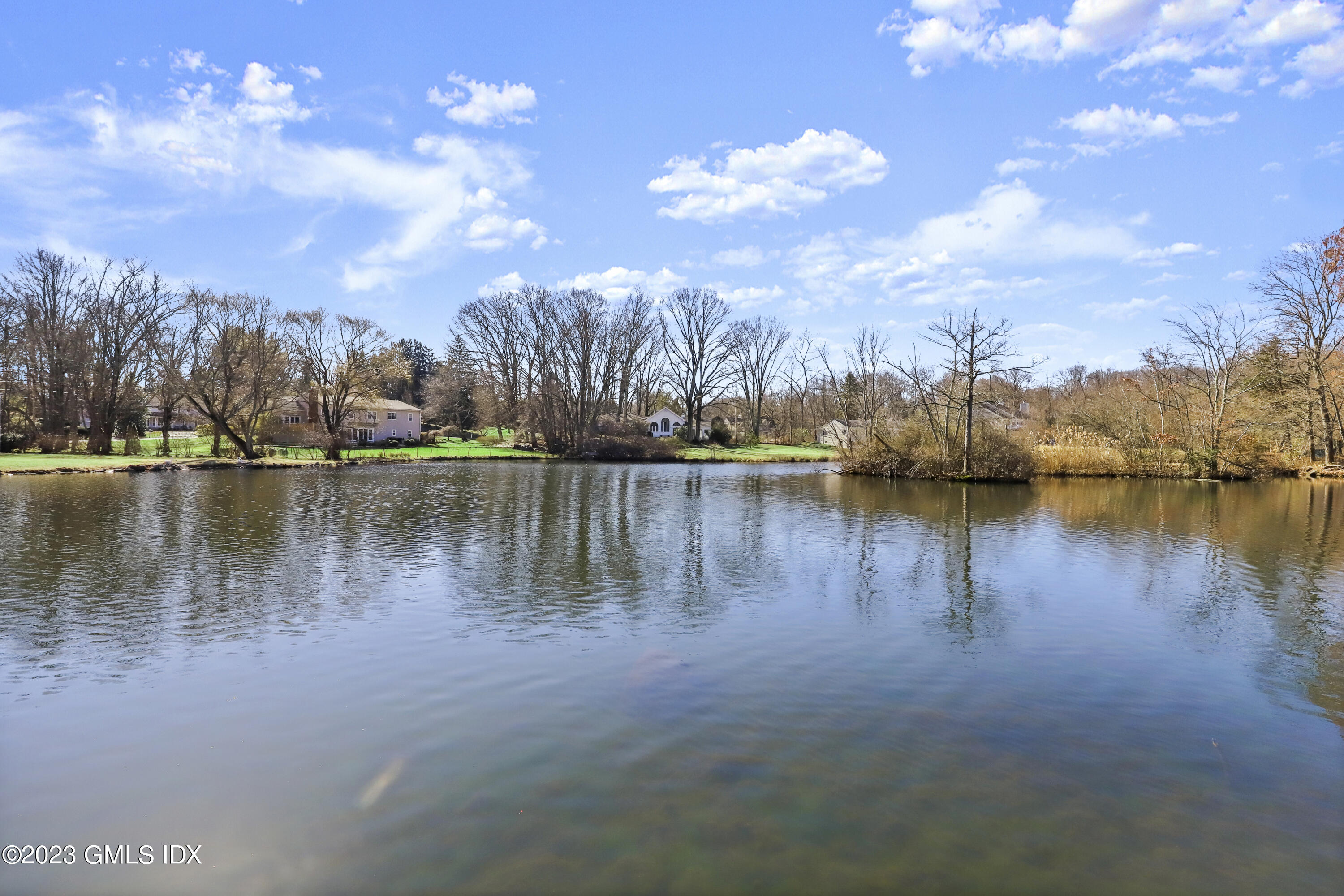 a view of a lake with houses in the background