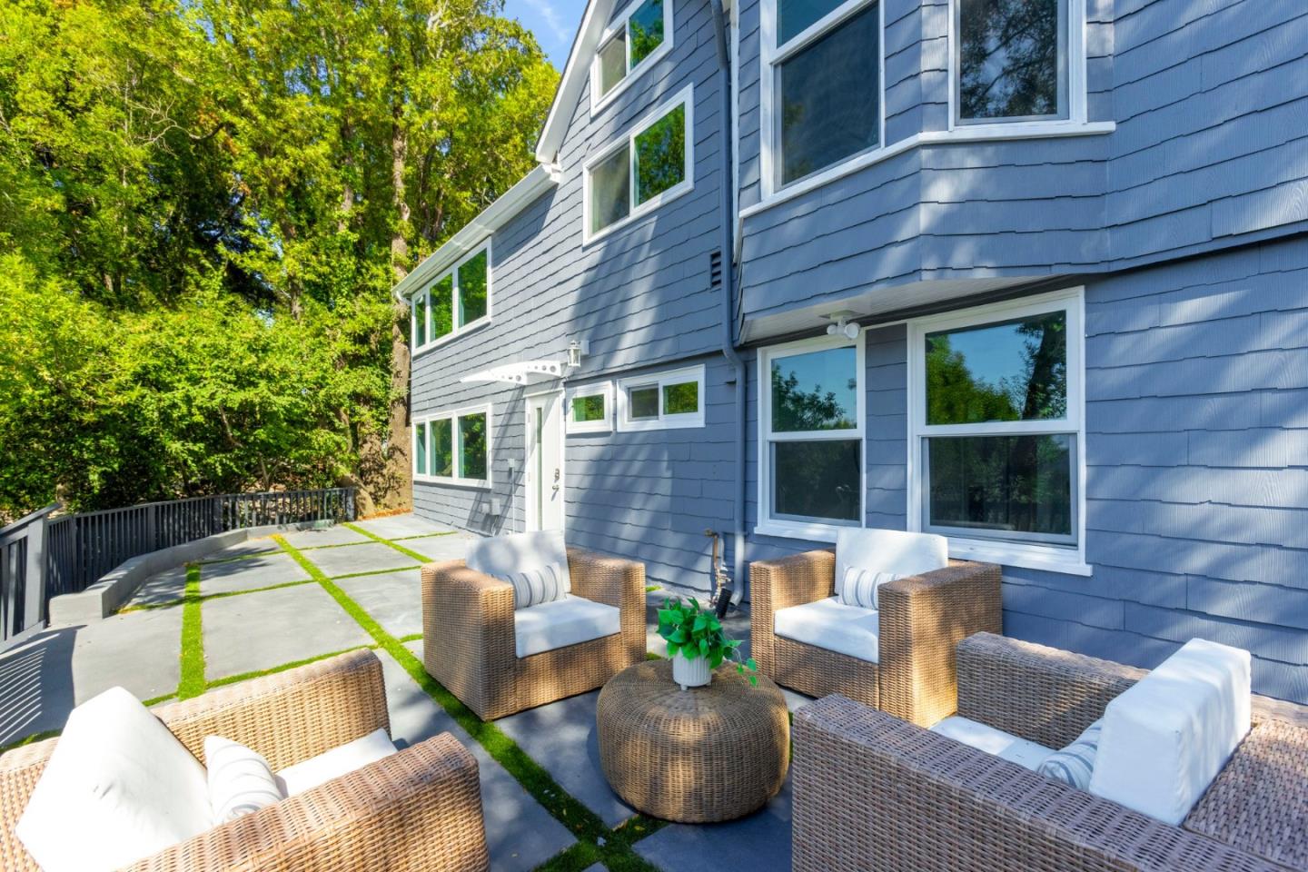 front view of a house with a patio