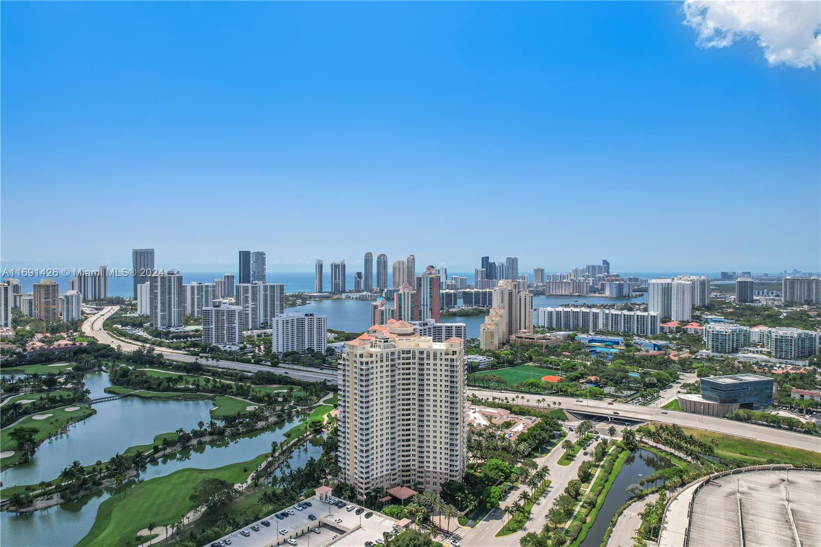 a city view with tall buildings