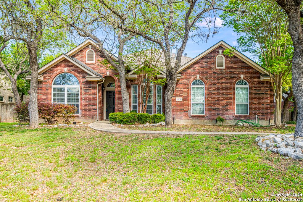 a front view of a house with a yard and trees