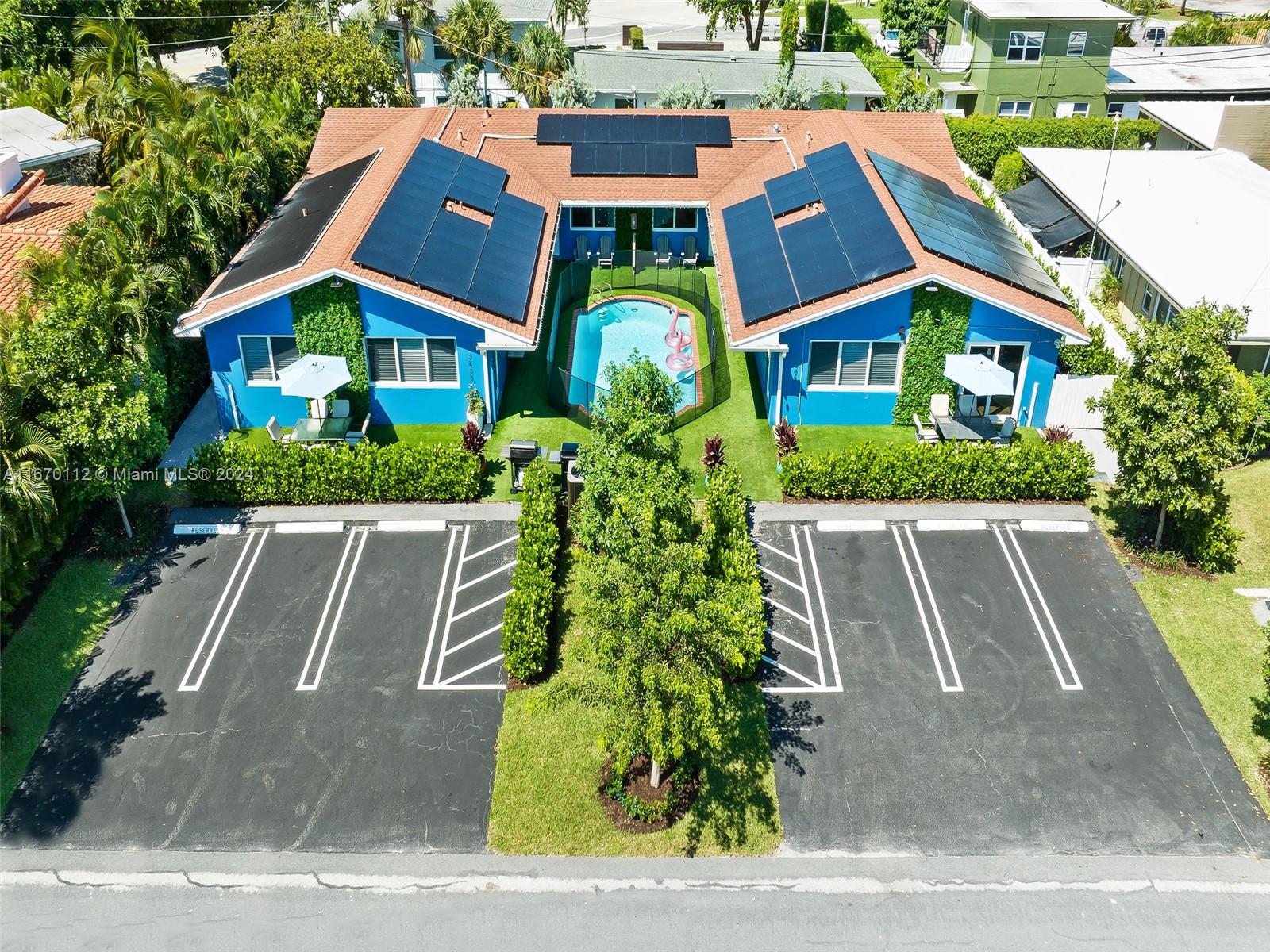 a view of a building with a garden