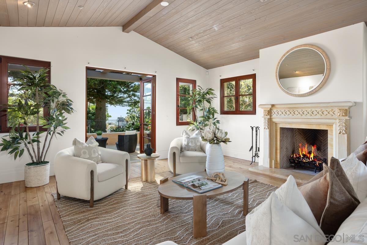 a living room with furniture a fireplace a potted plant and a large window