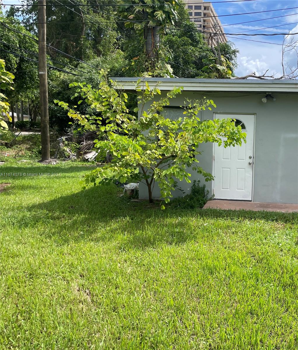 a view of a garden with a bench in it