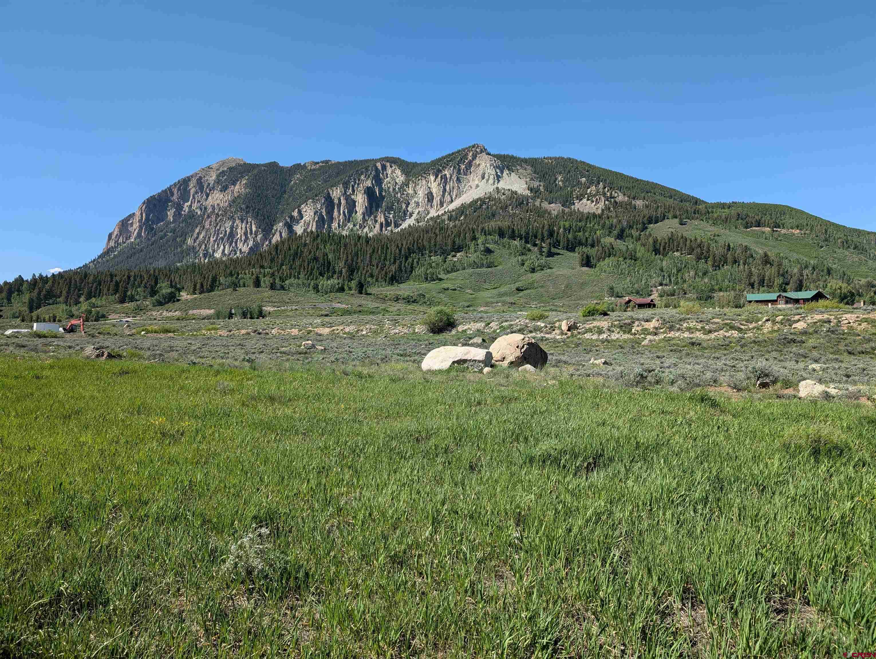 a view of a lush green field with mountains in the background