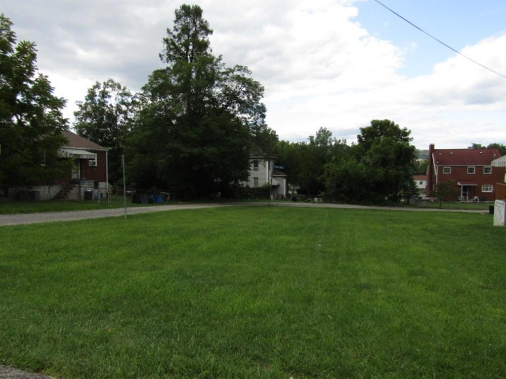 a backyard of a house with lots of green space and trampoline