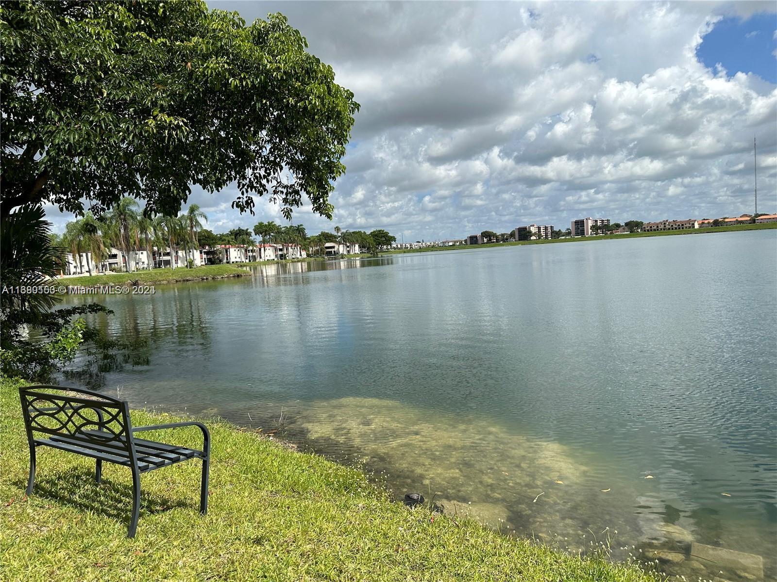 a view of a lake in between two chairs