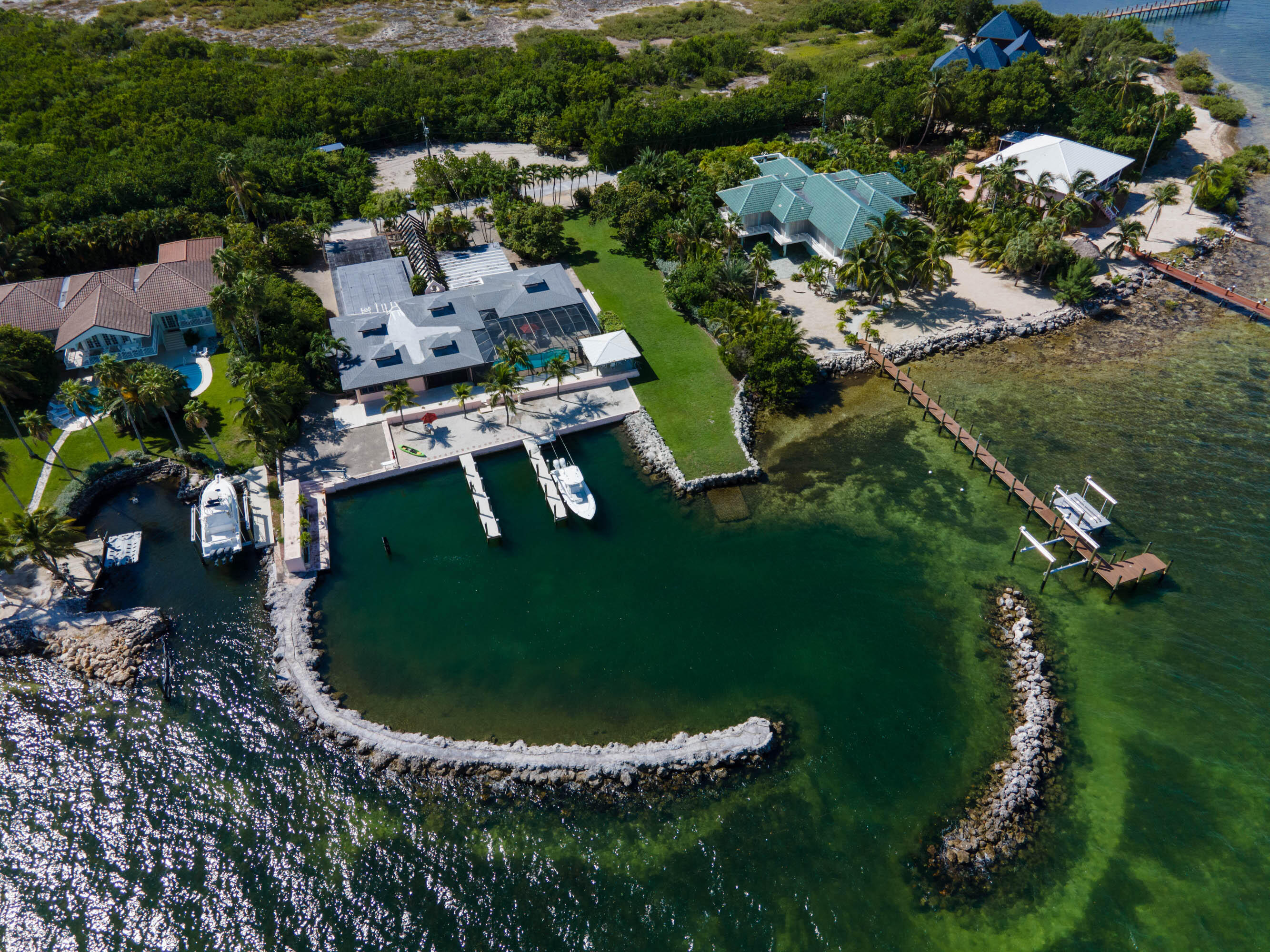 an aerial view of a house with a garden