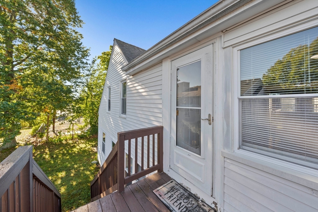 a porch with seating space