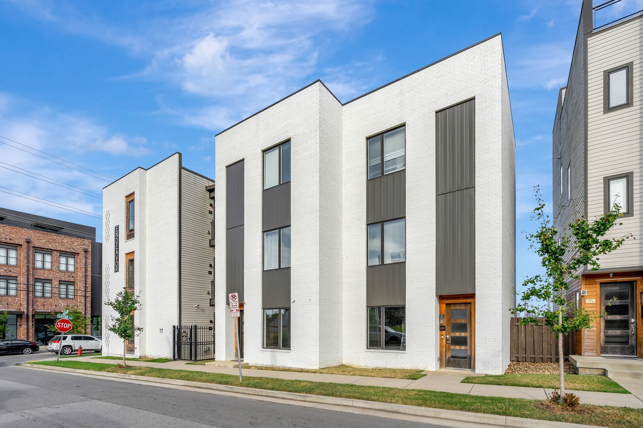 a view of a building with a street