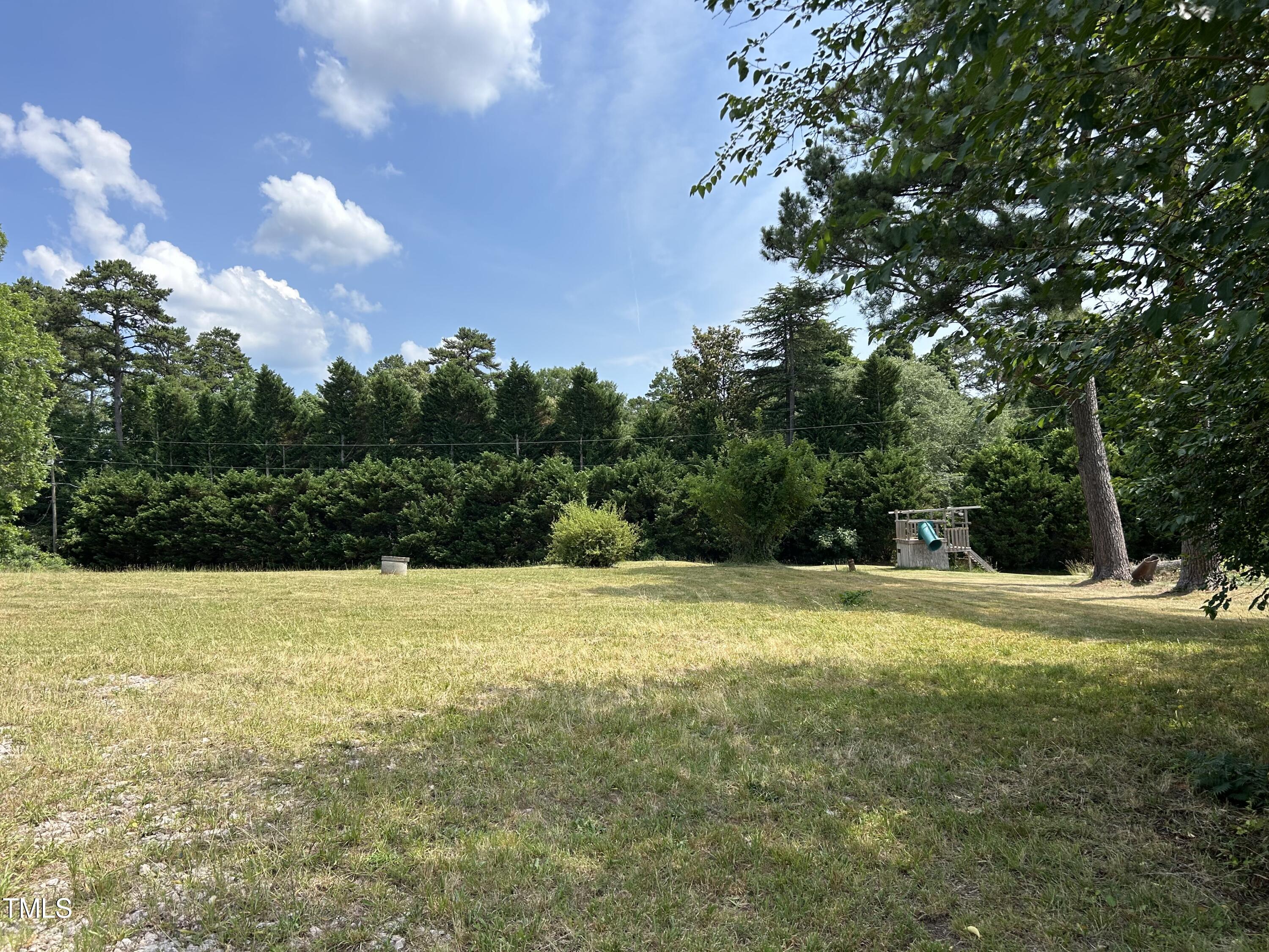 a view of a field with a trees in the background