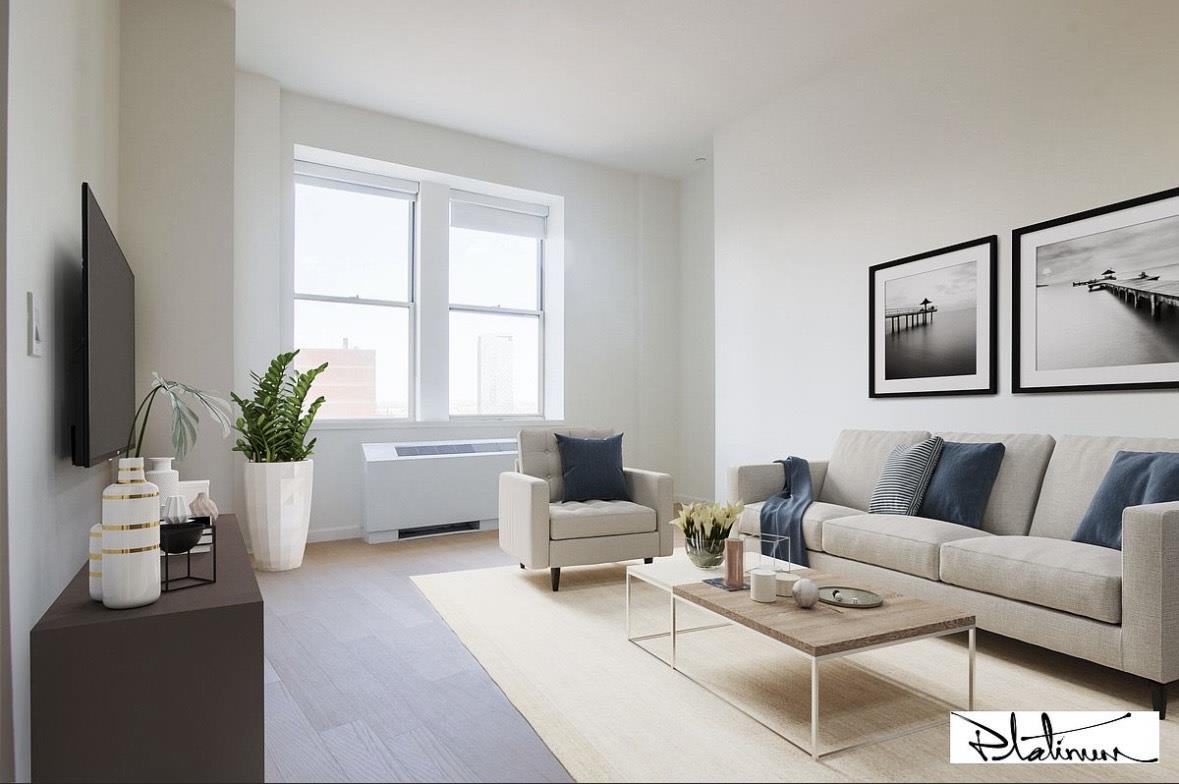 a living room with furniture and a potted plant