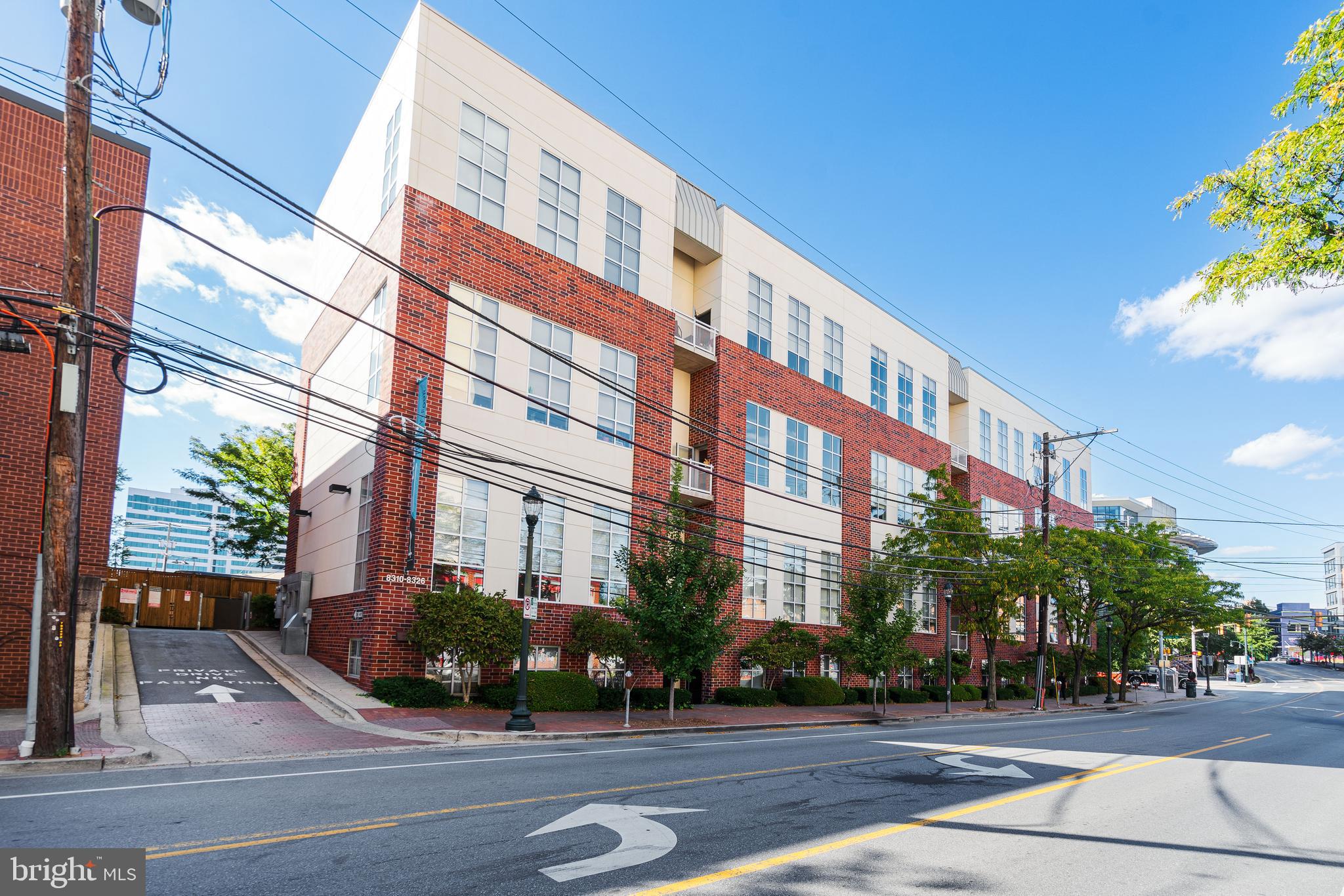 a view of a building and a street