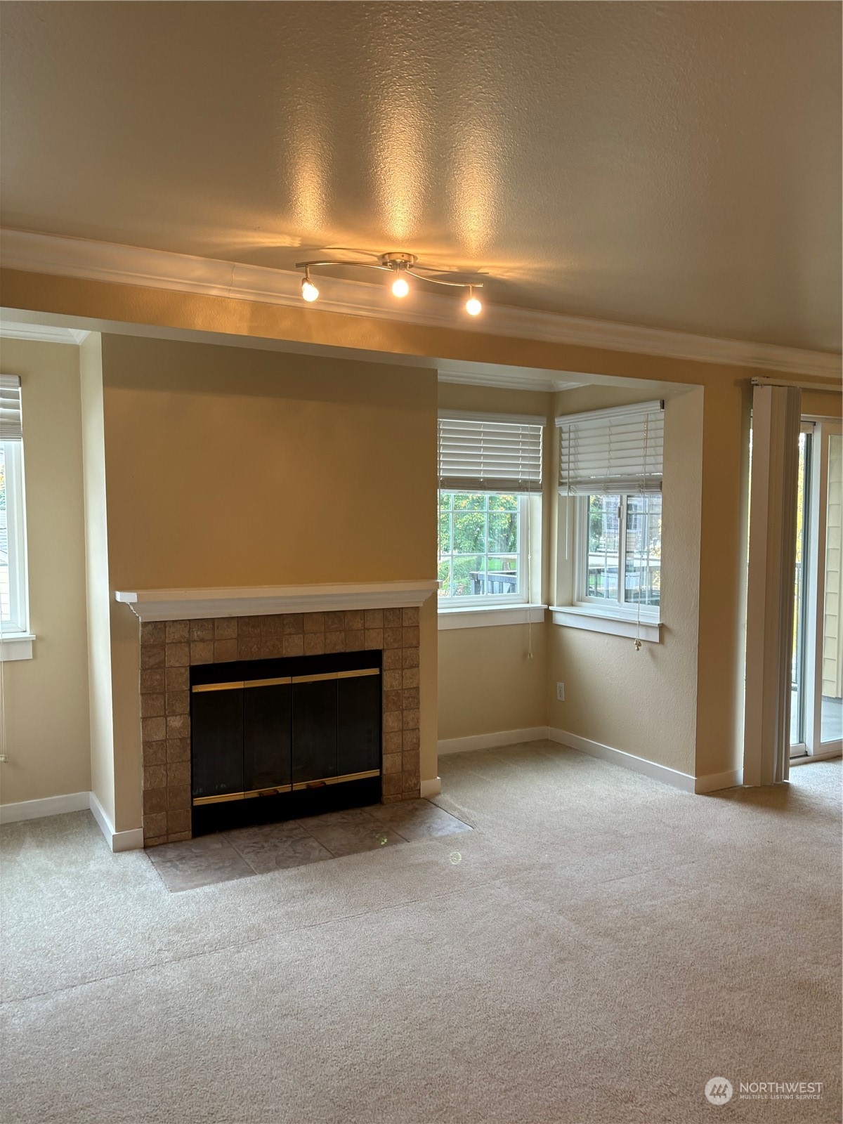 a view of empty room with a fireplace