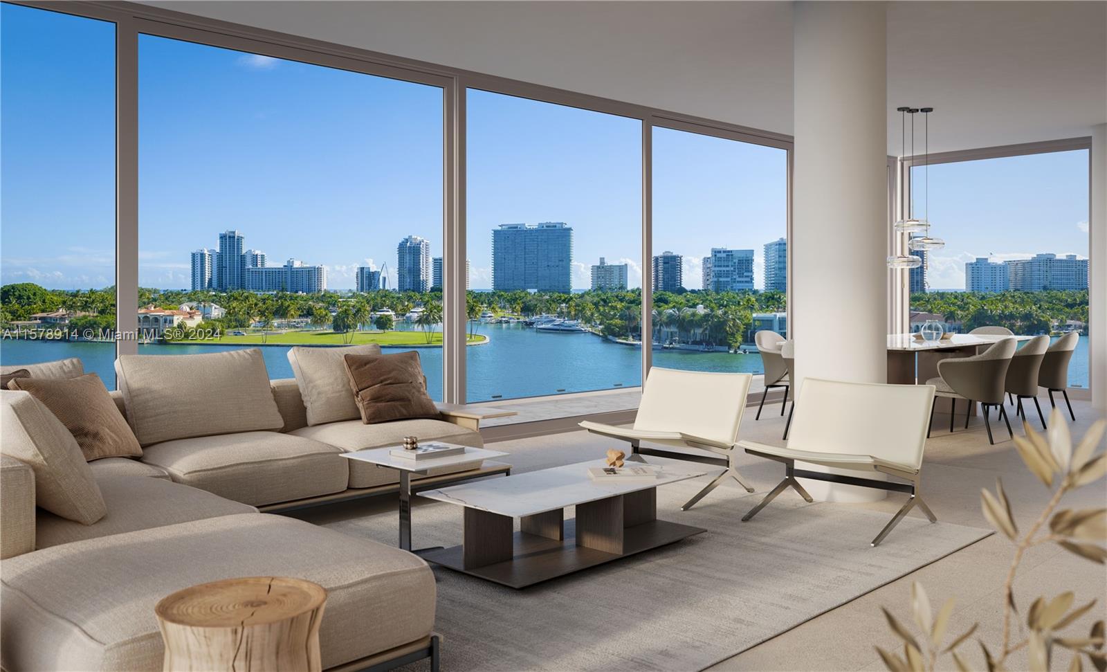 a living room with furniture and a floor to ceiling window