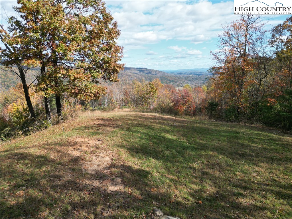 a view of dirt field with trees around