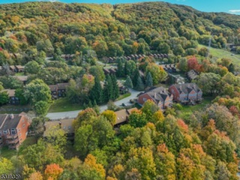 an aerial view of residential house with outdoor space and trees all around