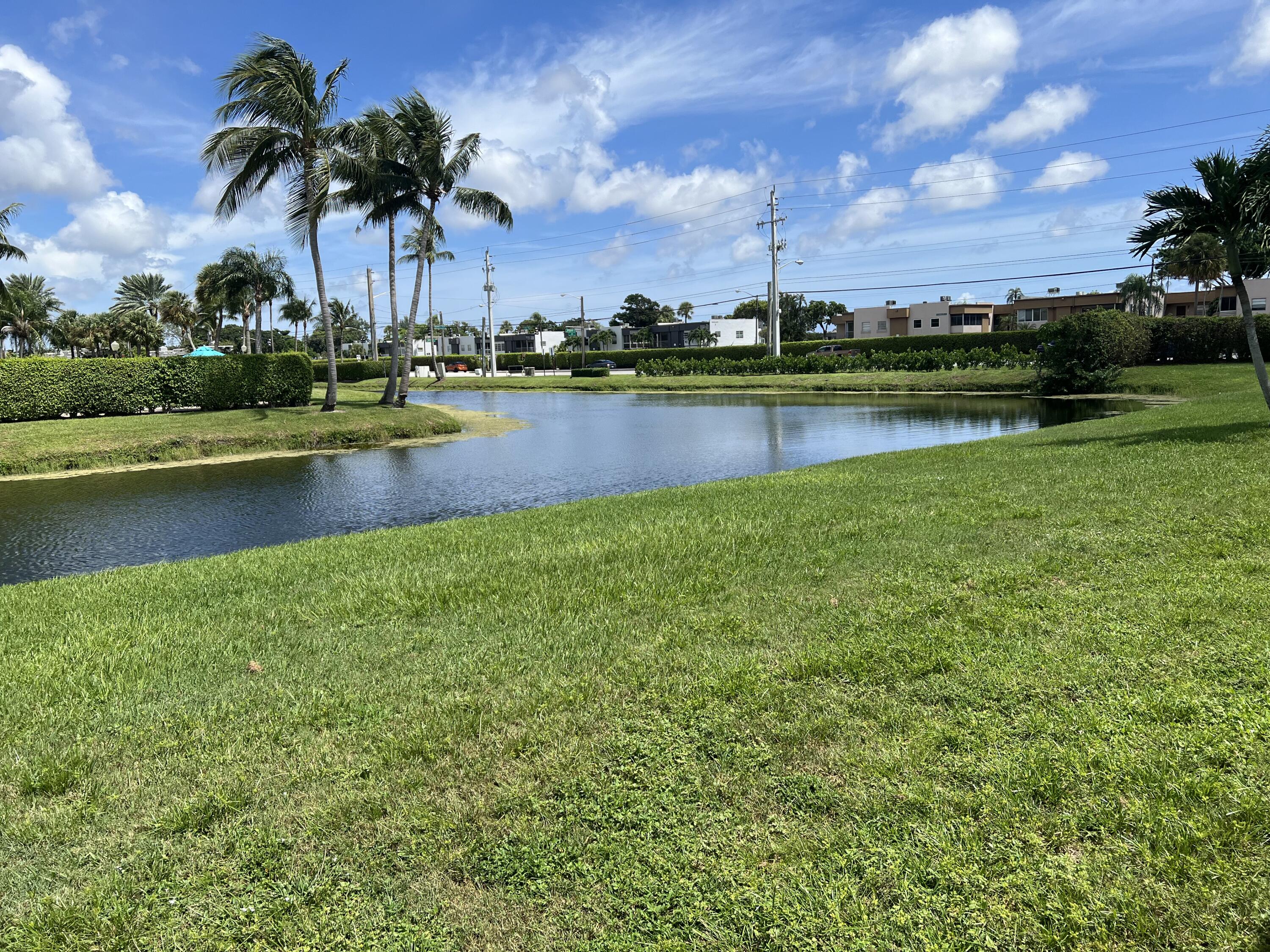 a view of a lake with a building in the background