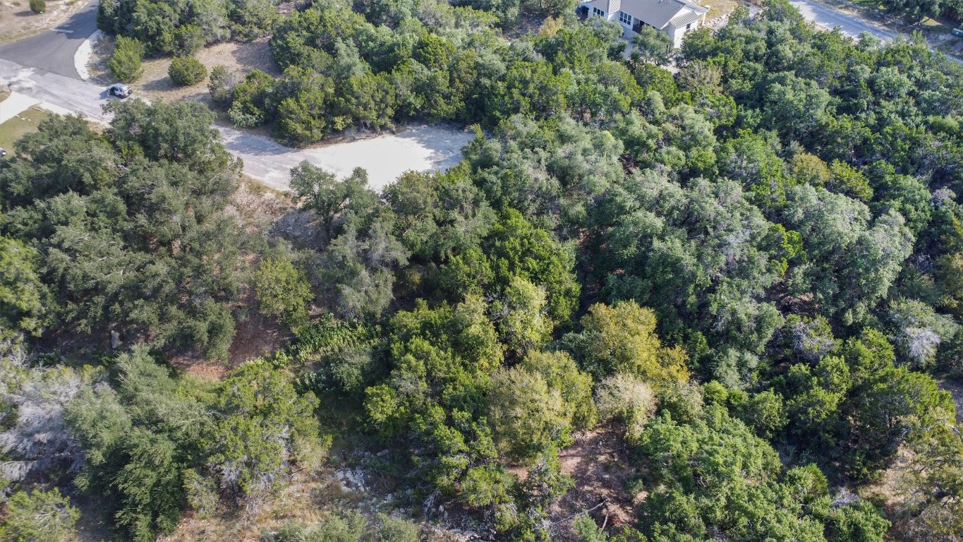 an aerial view of residential house with outdoor space and trees all around