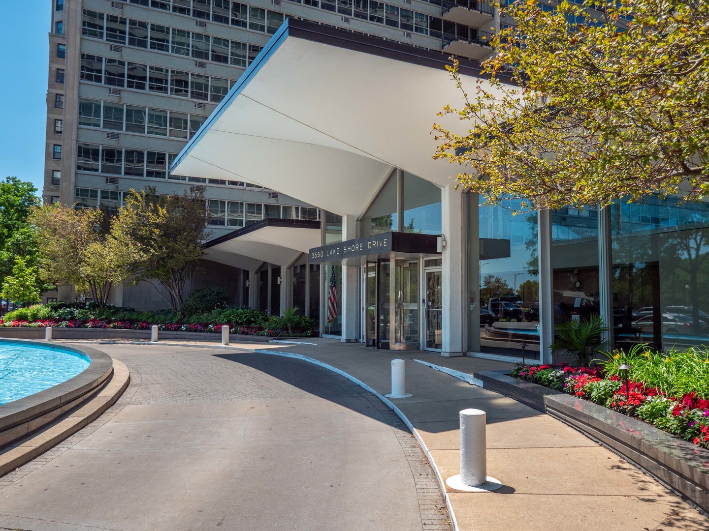 a front view of a building with street view