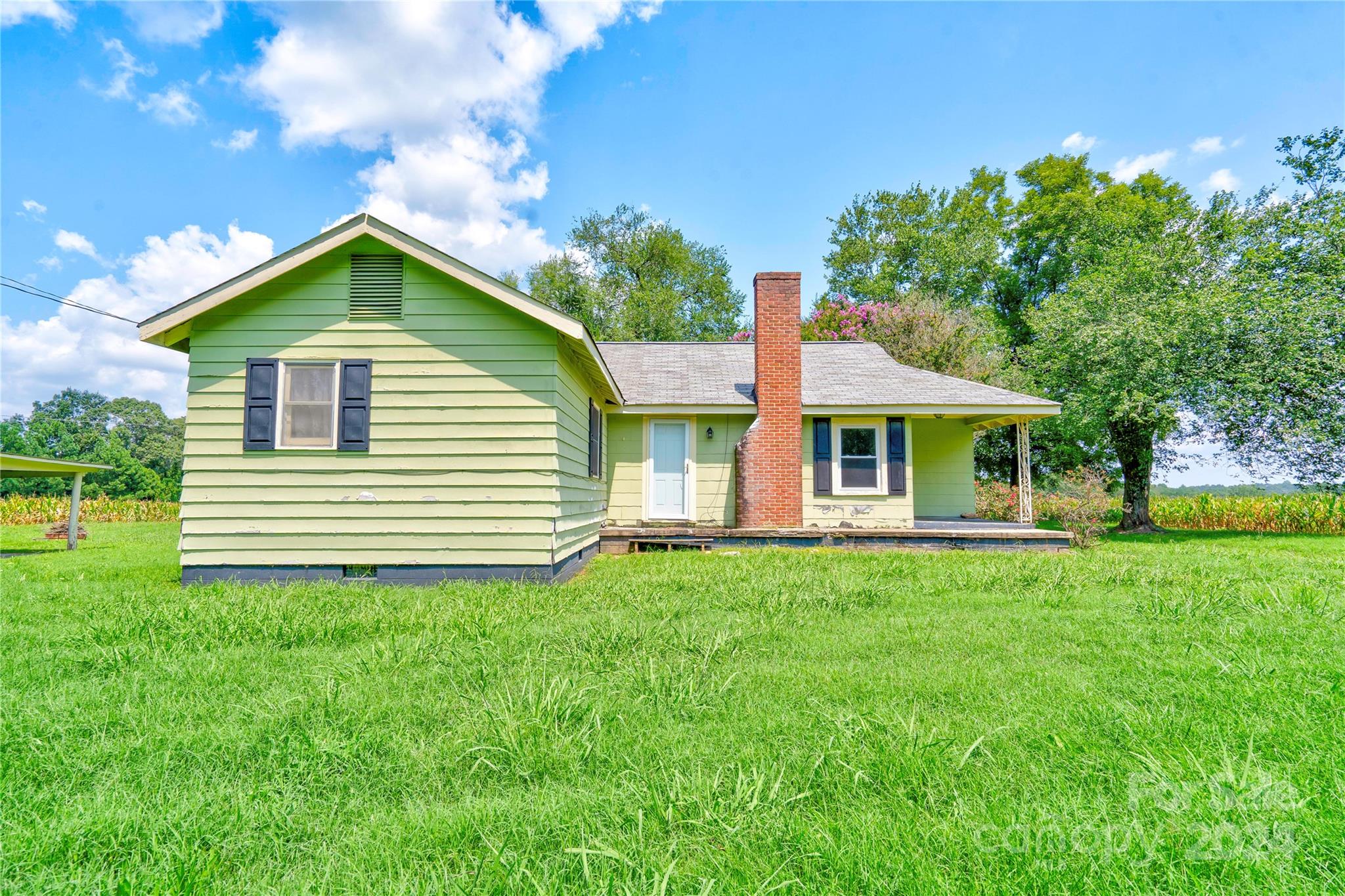 a front view of house with yard and green space