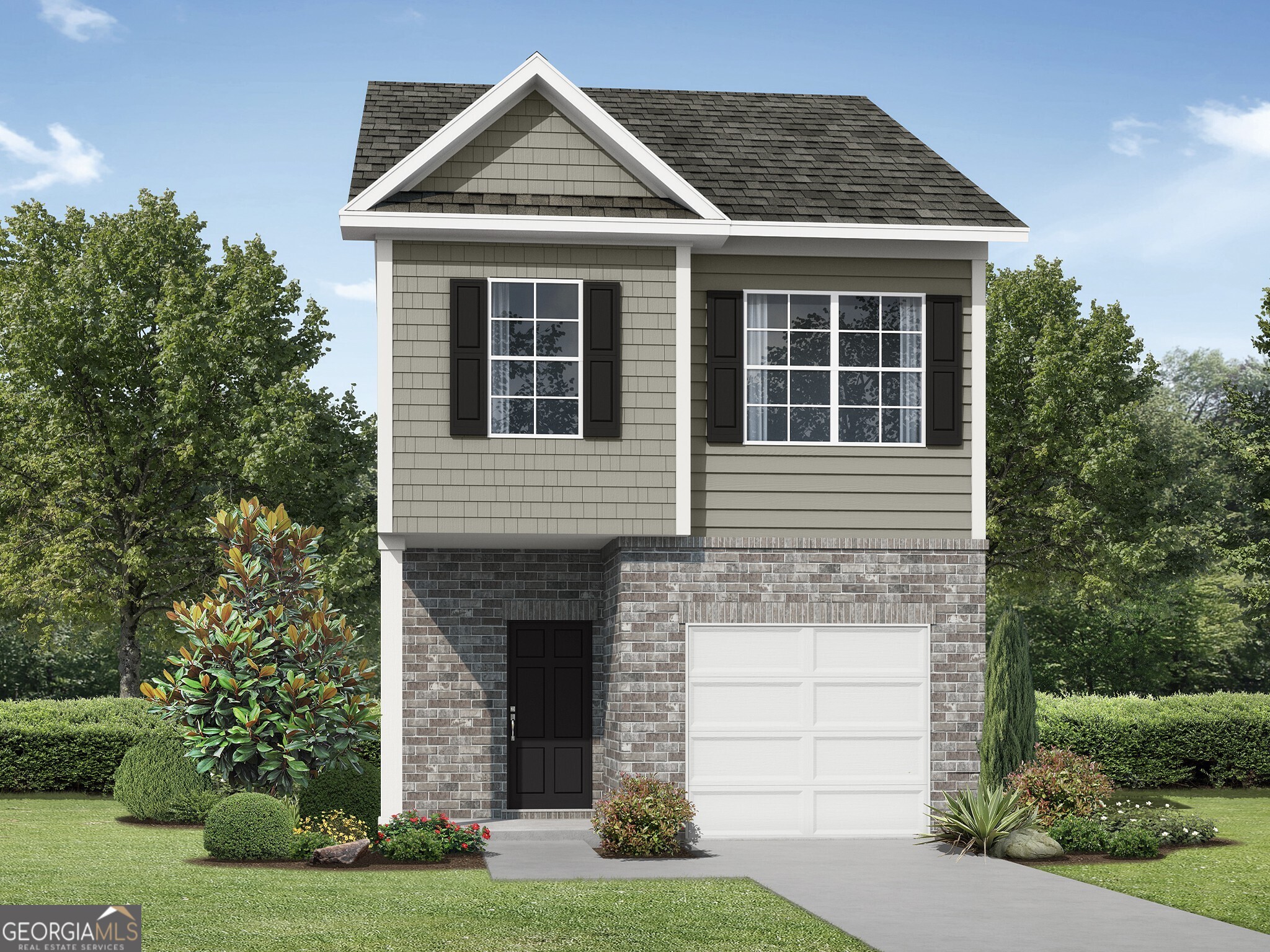 a front view of a house with a yard and garage