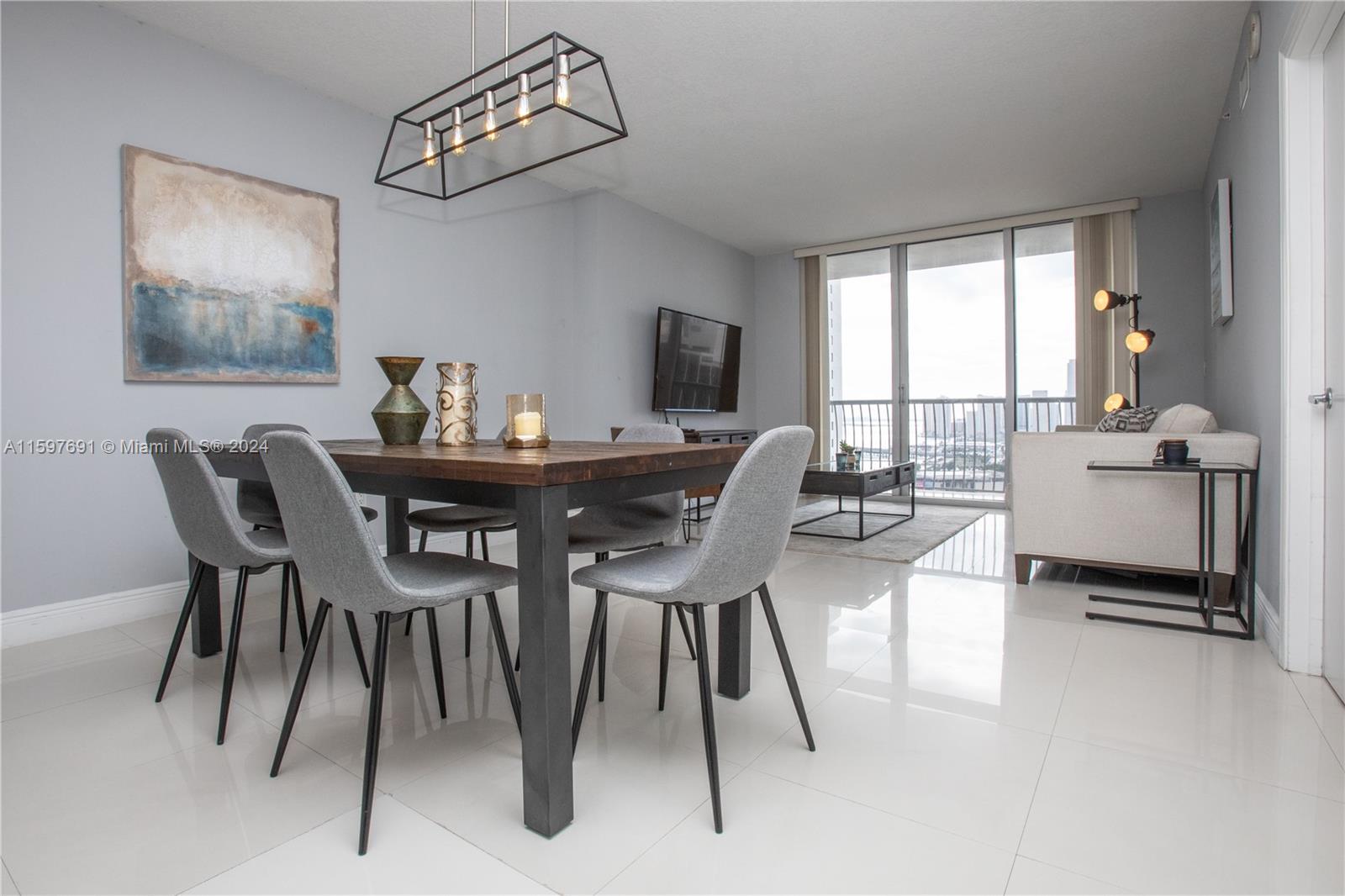 a view of a dining room with furniture