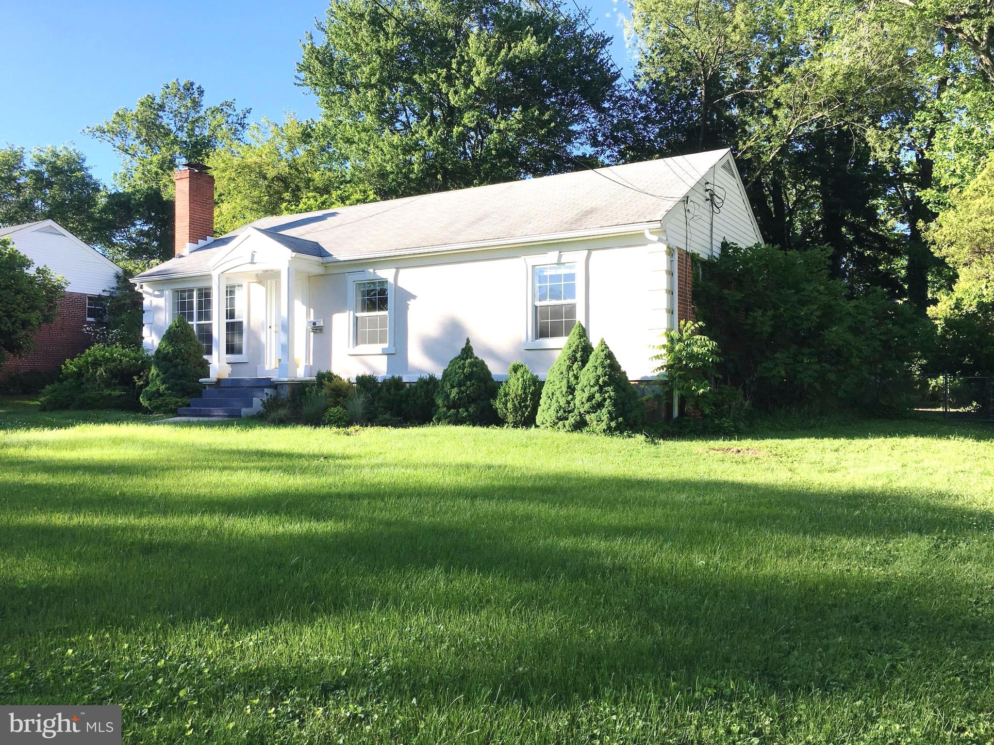 a view of a house with a big yard potted plants and large tree