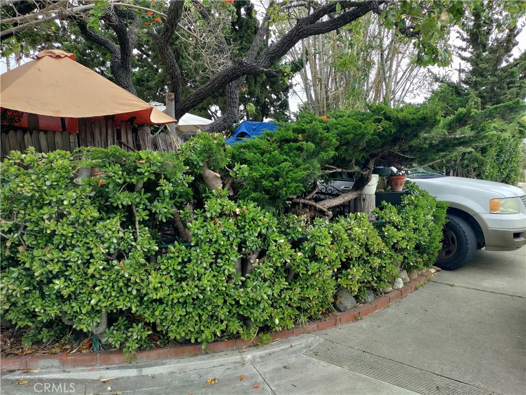 an aerial view of a house with garden space and street view