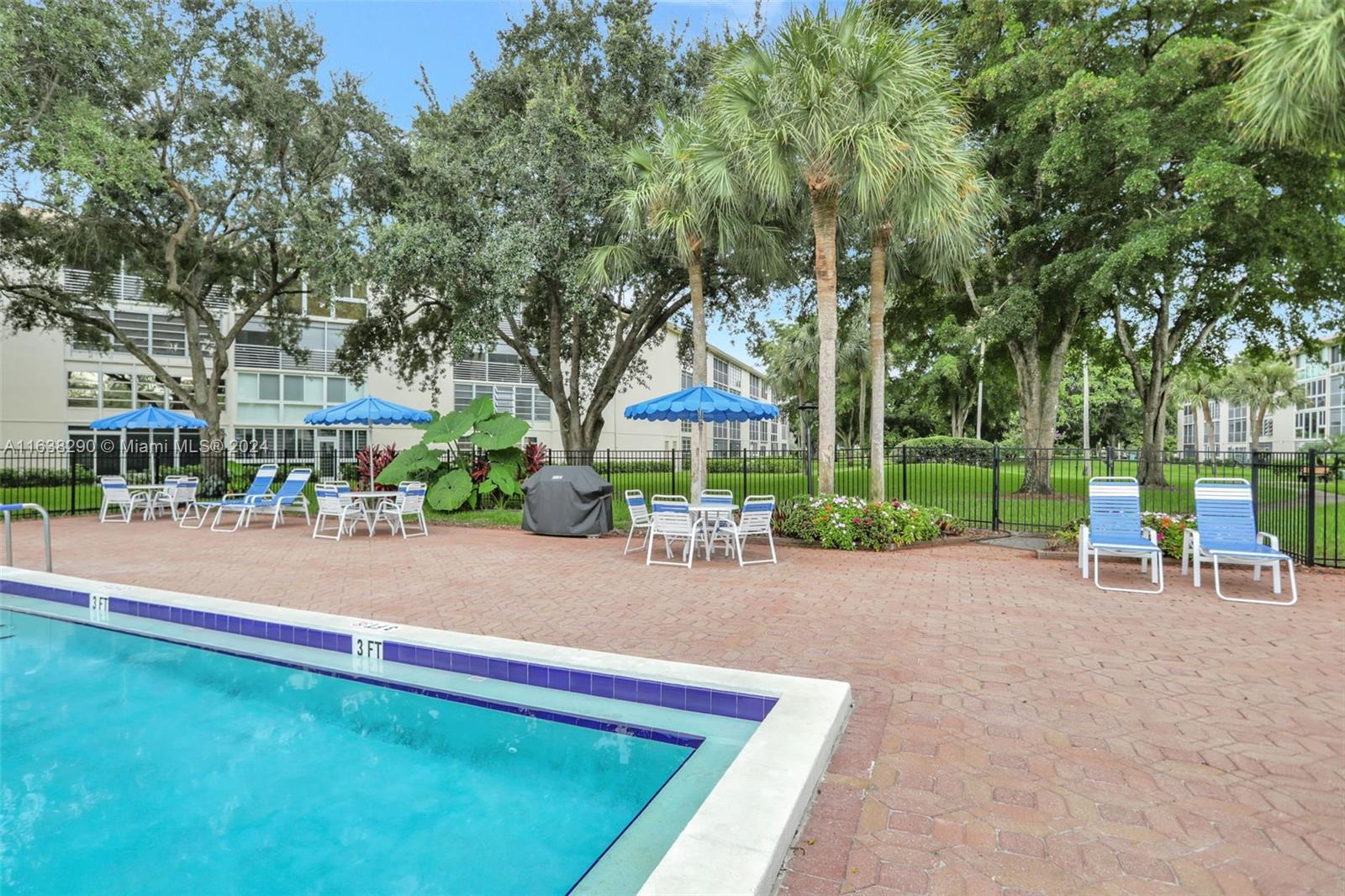 a row of palm trees and a yard with swimming pool