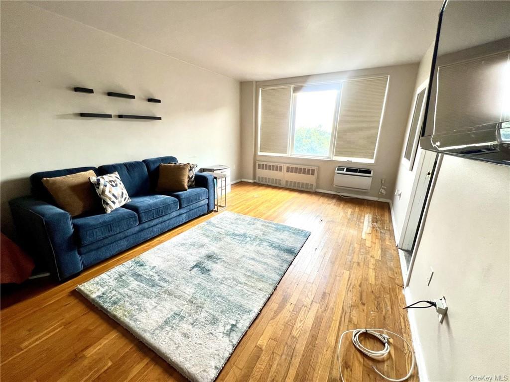 Living room with a wall mounted AC, light wood-type flooring, and radiator