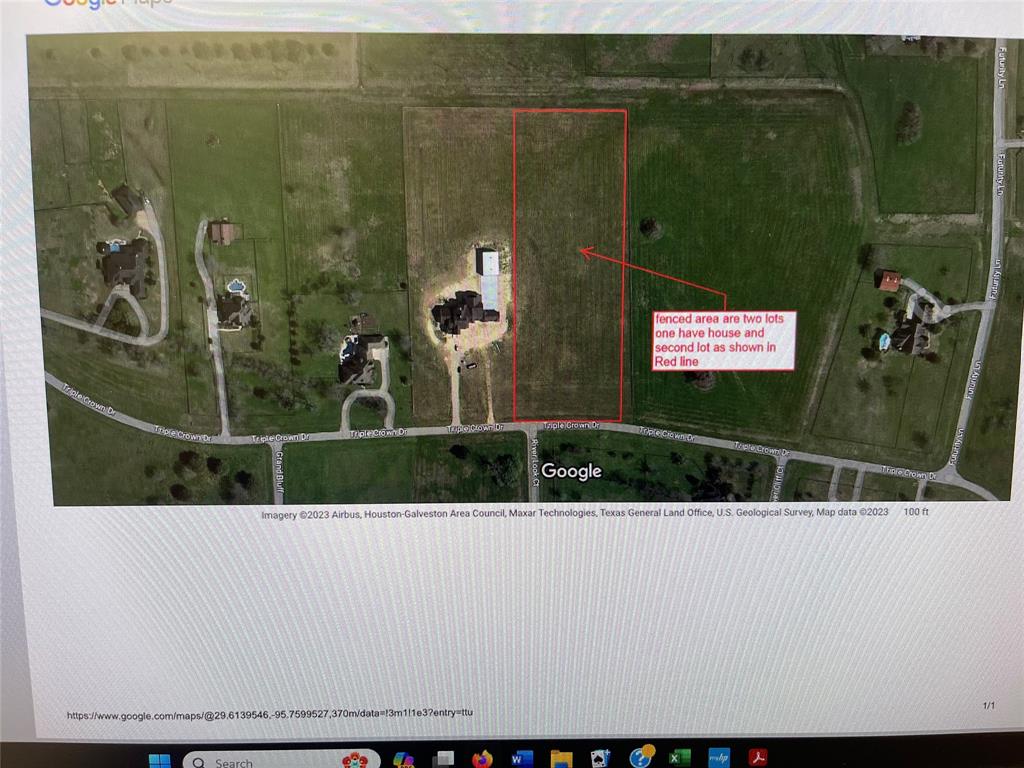 Area outlined in red are the approximate boundaries of the lot for sale. Manicured, level and three rail fenced on three sides.