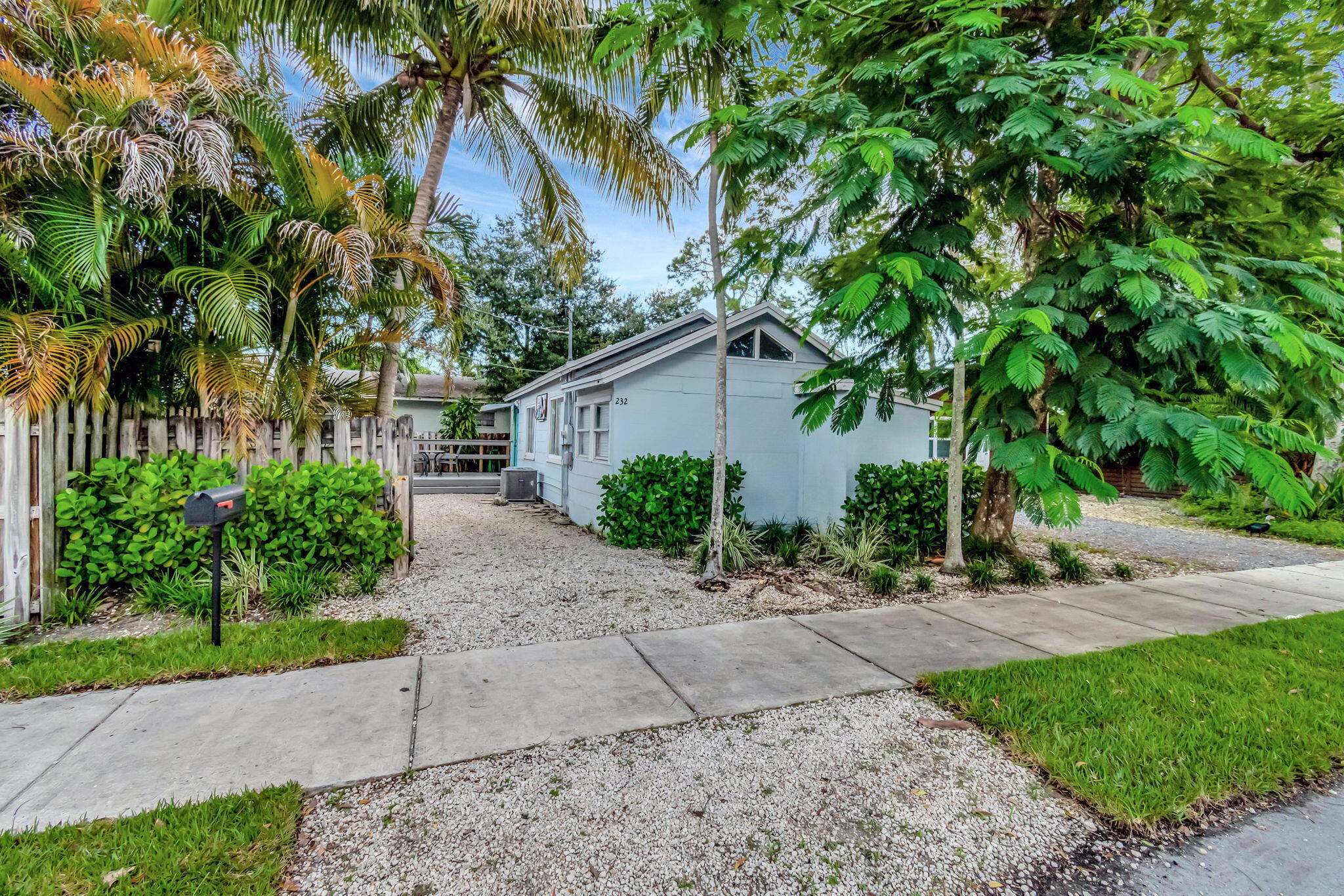 a backyard of a house with plants and palm trees