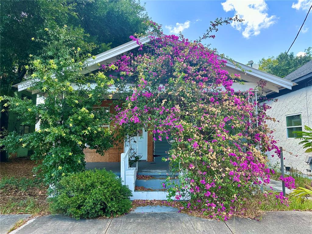 a front view of a house with flower plants