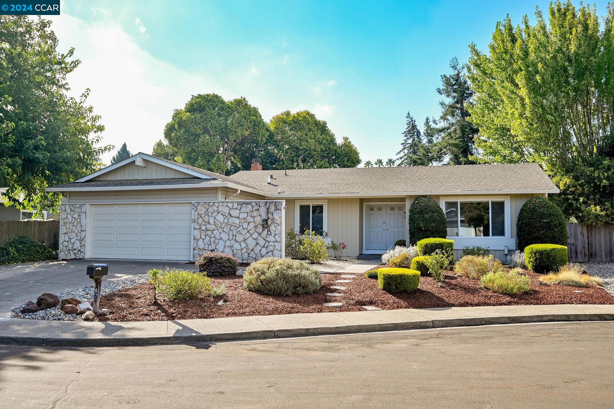 front view of a house with a patio