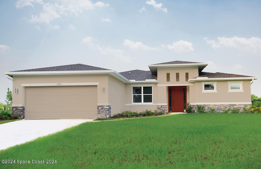 a front view of house with yard and green space