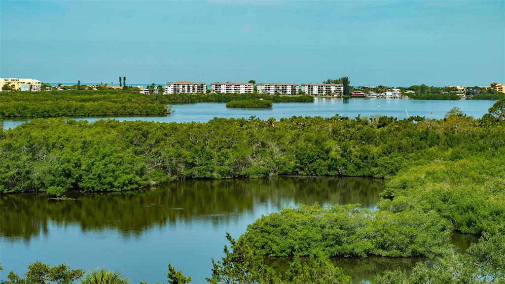 a view of a lake with houses in the back