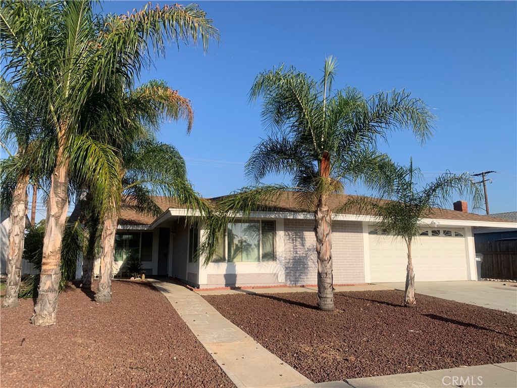 a view of a house with a yard and palm trees