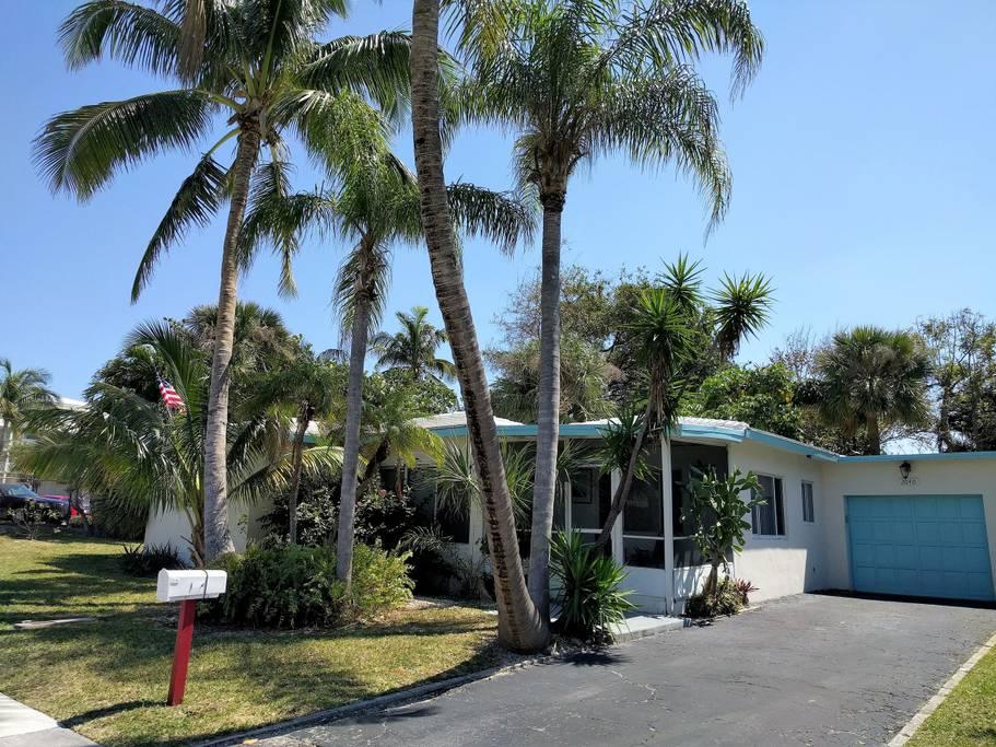 a view of a house with a yard and palm trees