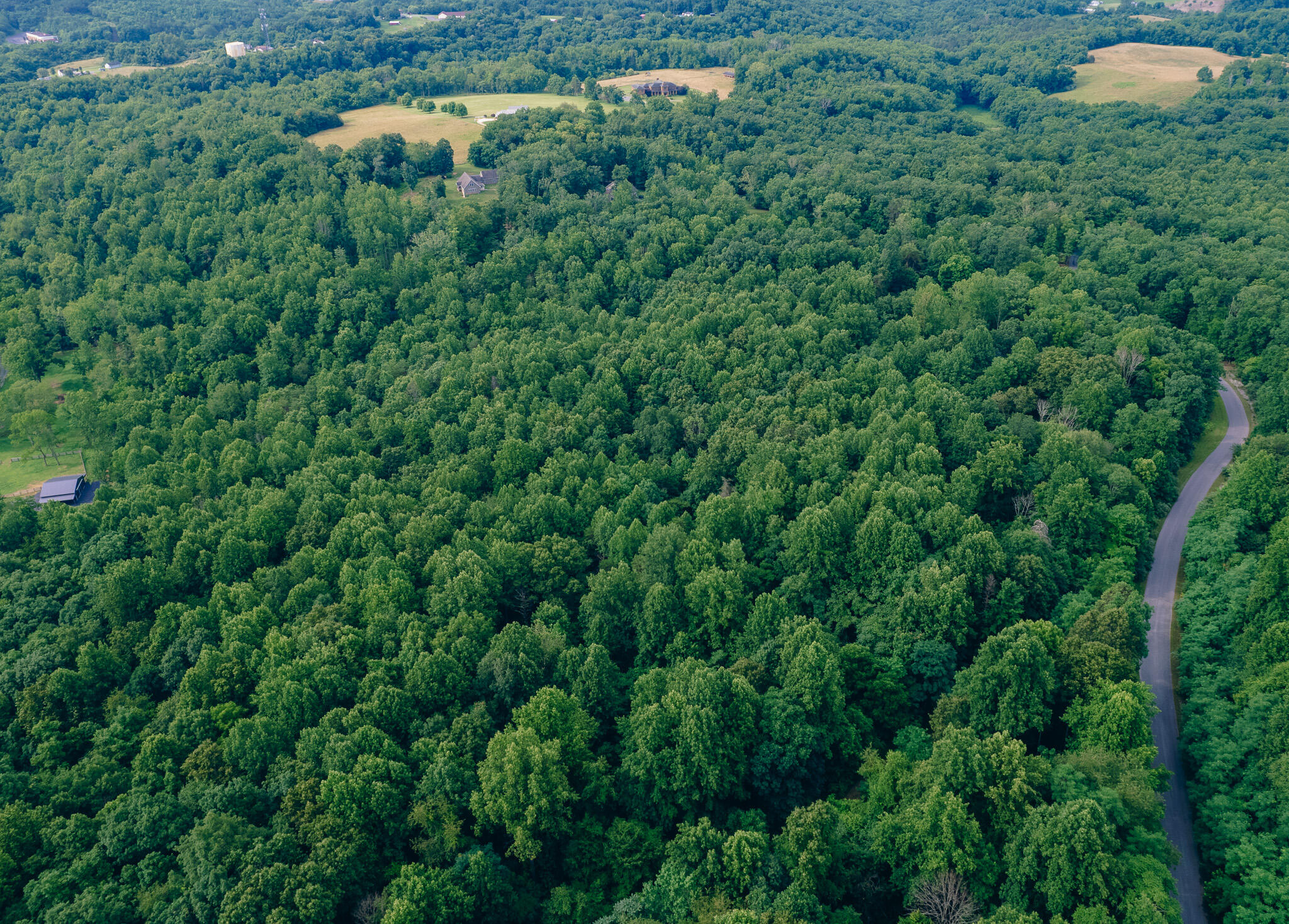 an aerial view of residential house with outdoor space and trees all around