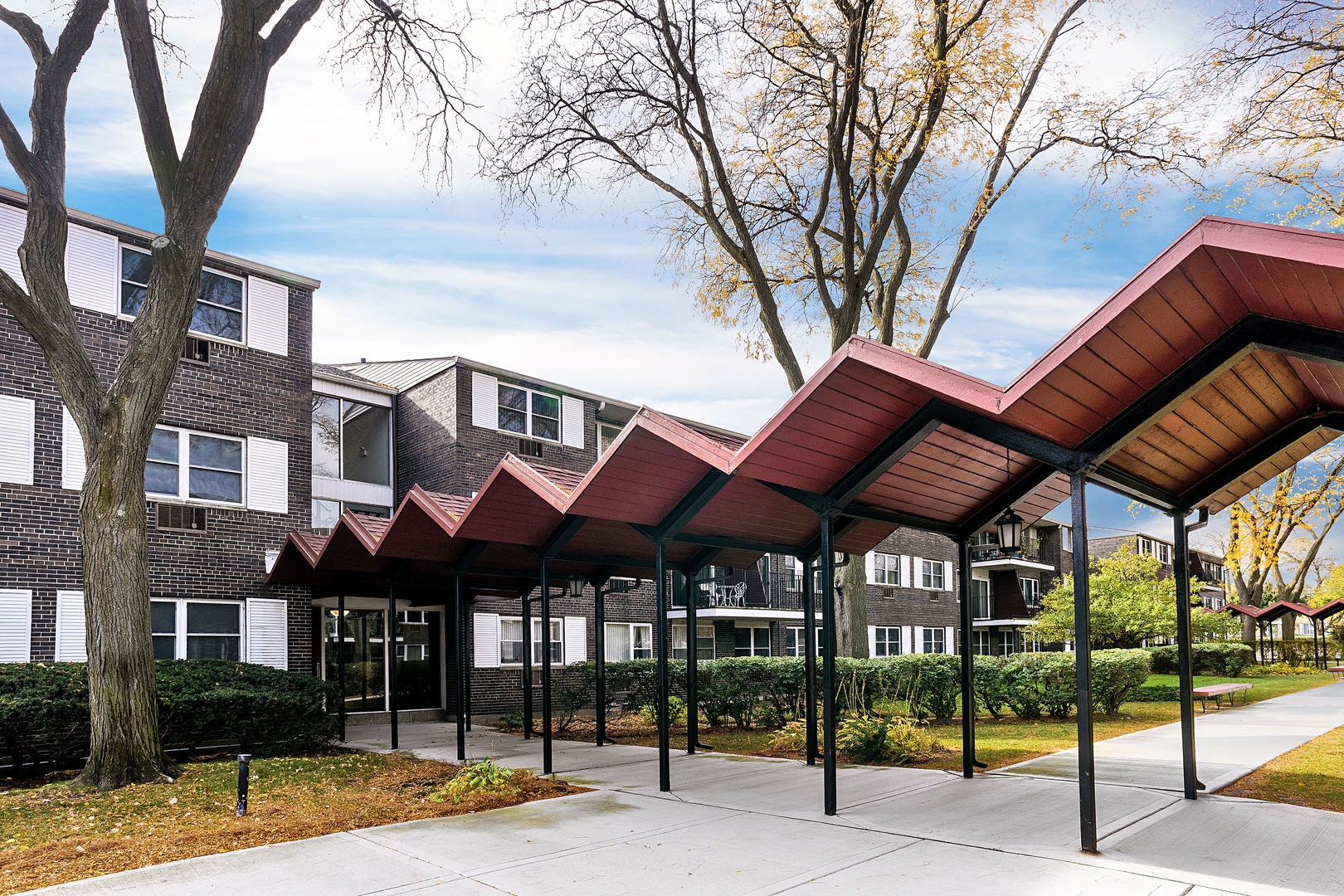 a view of a building with a patio