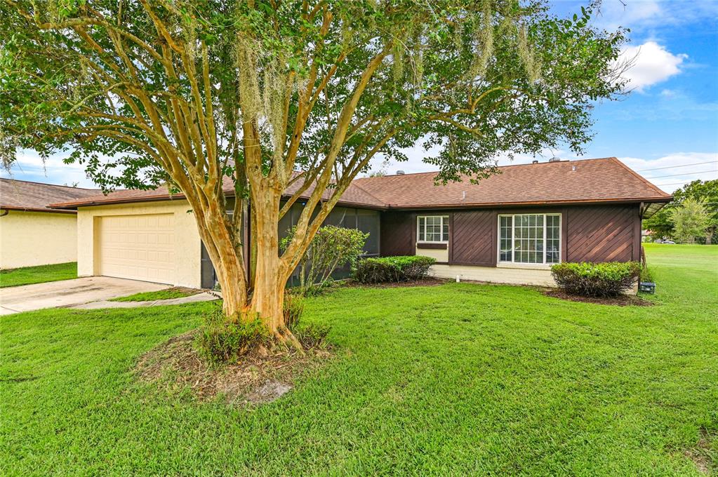 a front view of a house with yard and green space